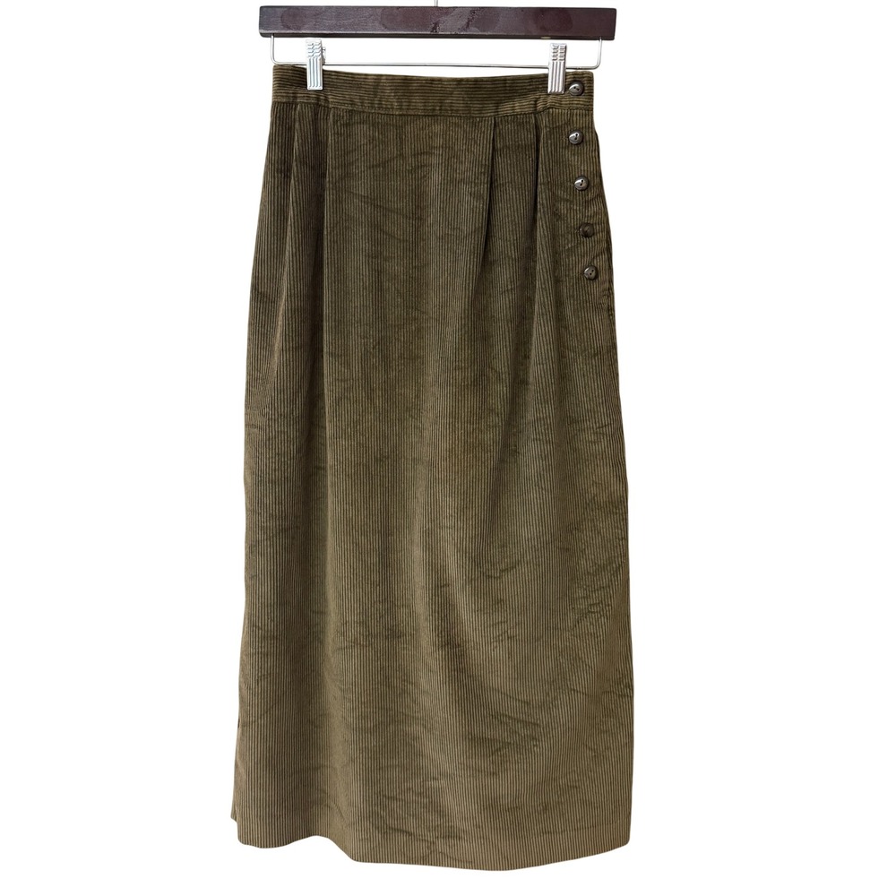 Northern Isles Womens Corduroy Midi Skirt Cotton Size 8 Olive Green Side Button
